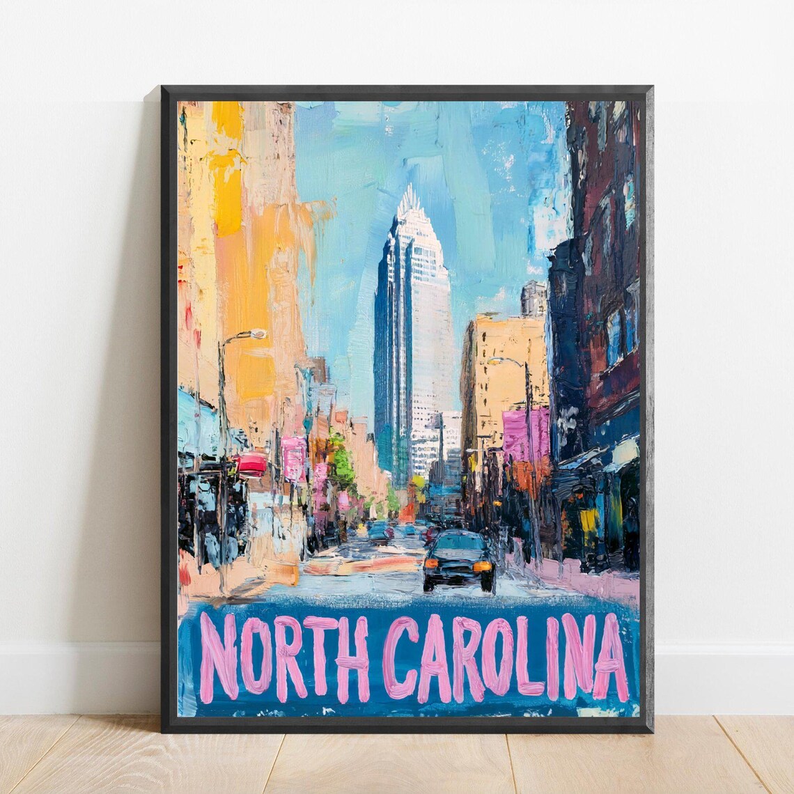 North Carolina City Skyline Vintage Downtown Street Travel Poster