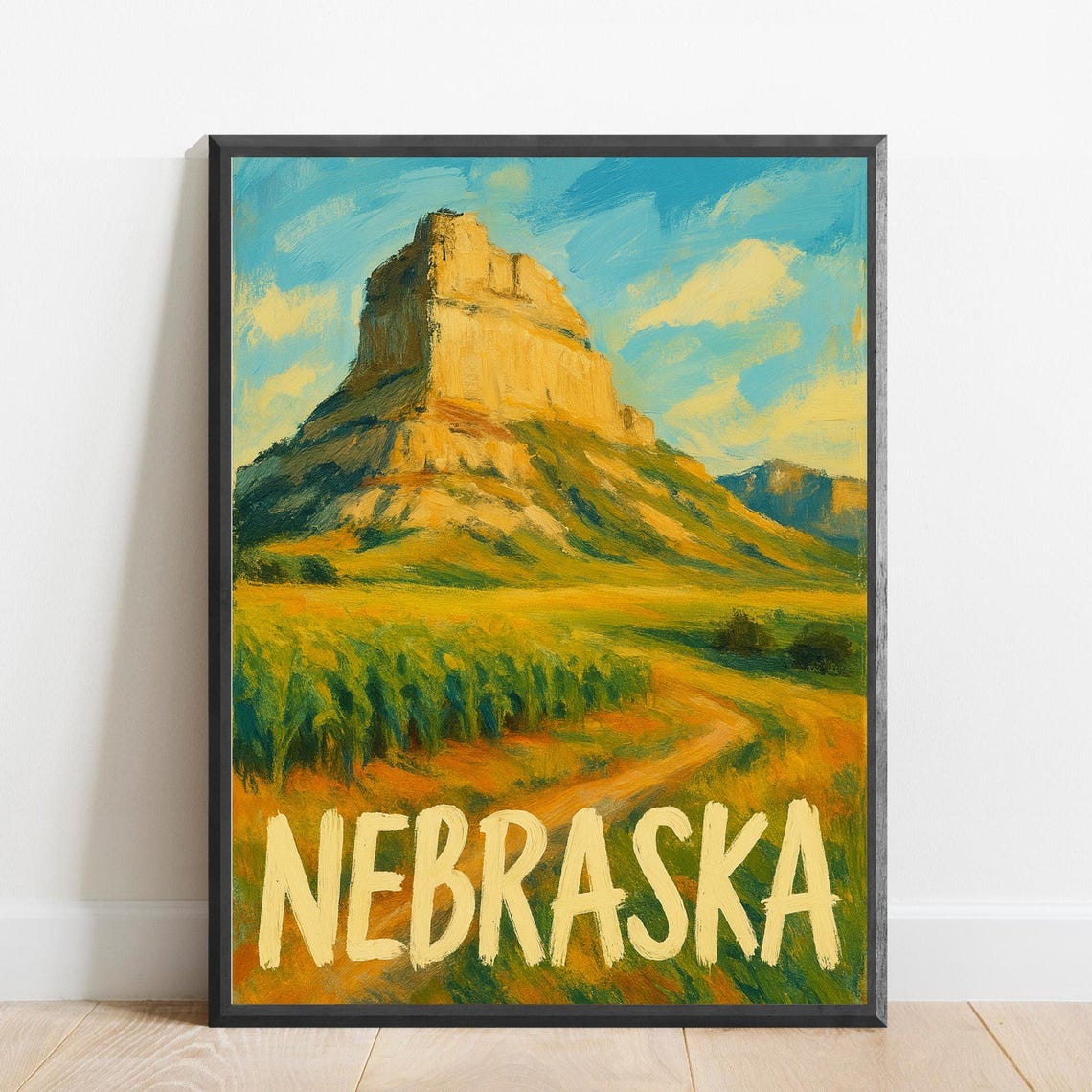 Nebraska Scotts Bluff Prairie Butte Vintage Style Travel Poster