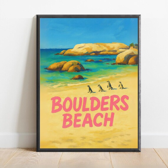 Boulders Beach South Africa Penguins Pink Type Travel Poster