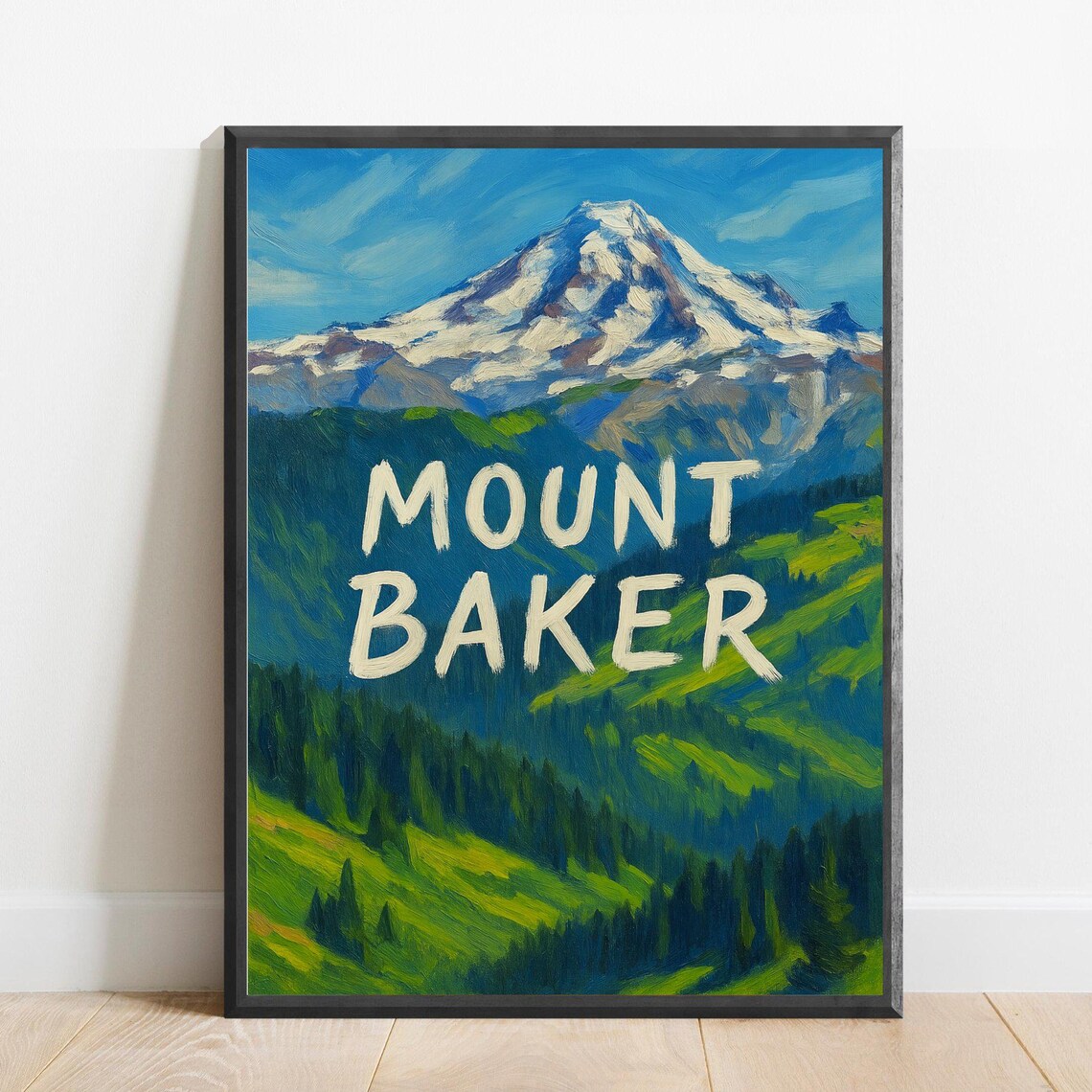 Mount Baker Snowcapped Peak Green Forest Slope Vintage Travel Poster