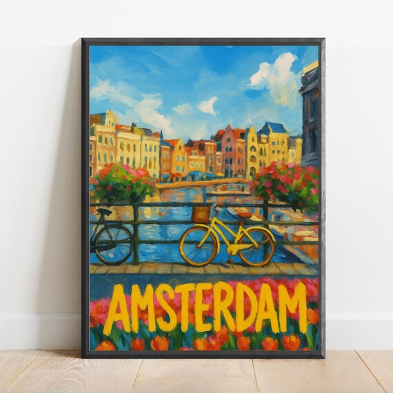 Amsterdam Canal Bikes Tulips Colorful Impressionist Travel Poster