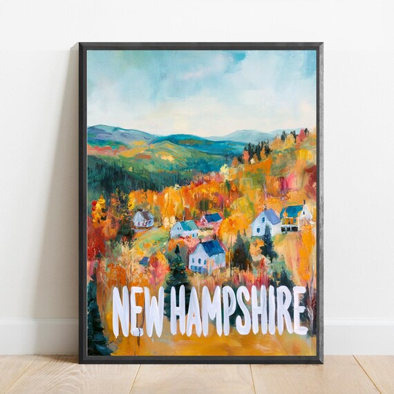 New Hampshire Fall Village Autumn Mountains White Text Poster