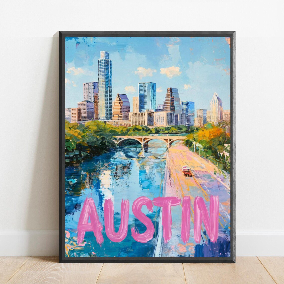 Austin Texas Skyline Over the River with Pink Text Travel Poster