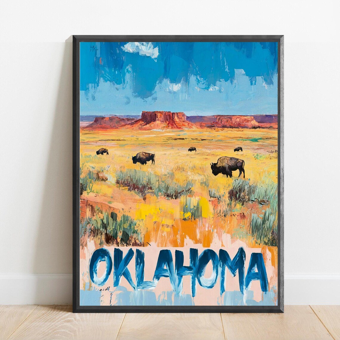 Buffalo Grazing on Oklahoma Prairie with Red Mesas Painted Western Travel Poster
