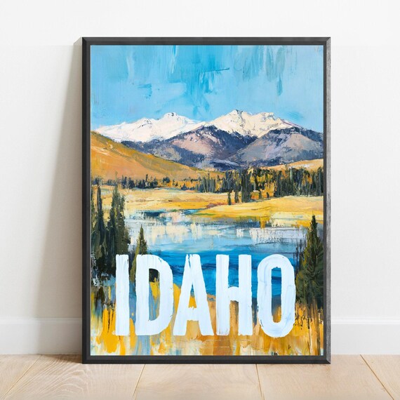 Snowy Idaho Mountain Lake Golden Meadow Painted Landscape Travel Poster for Cabins