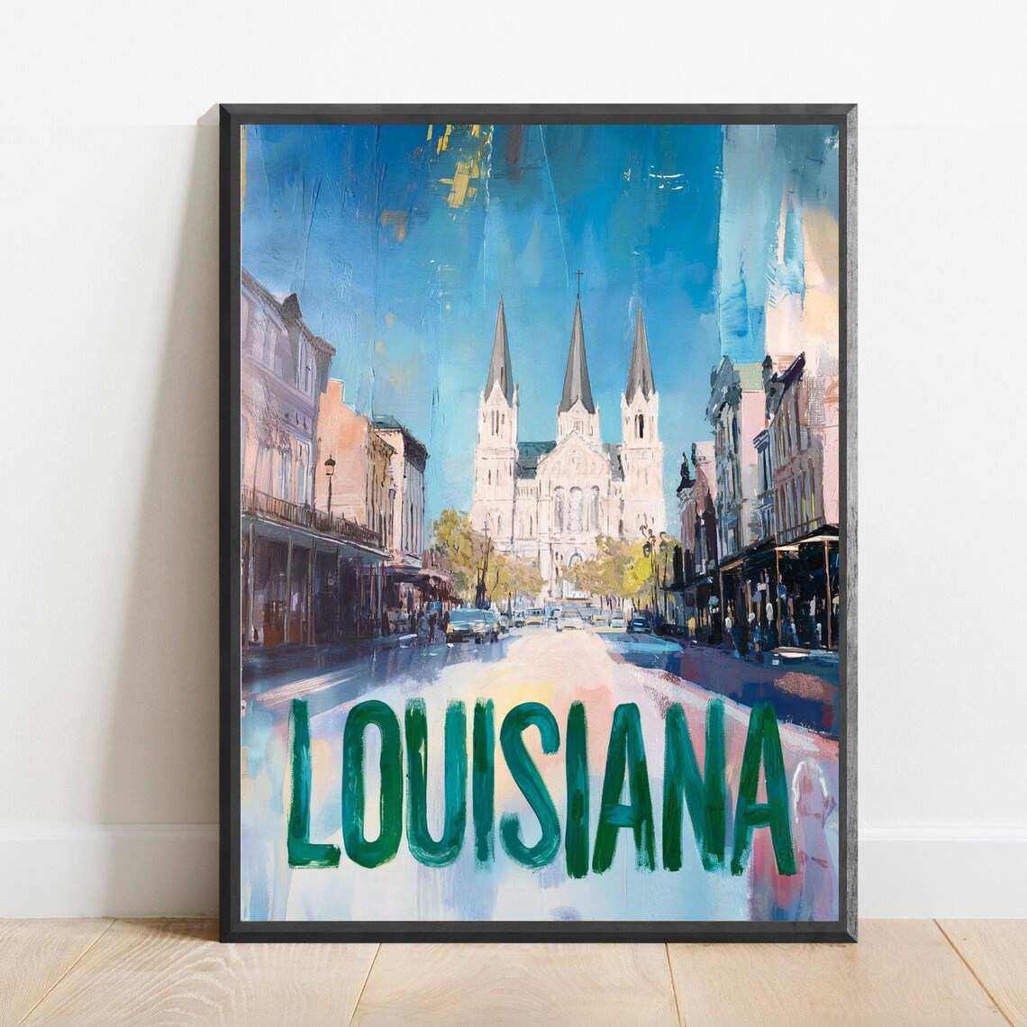 Louisiana Street with Cathedral Cityscape Oil Painting Travel Poster