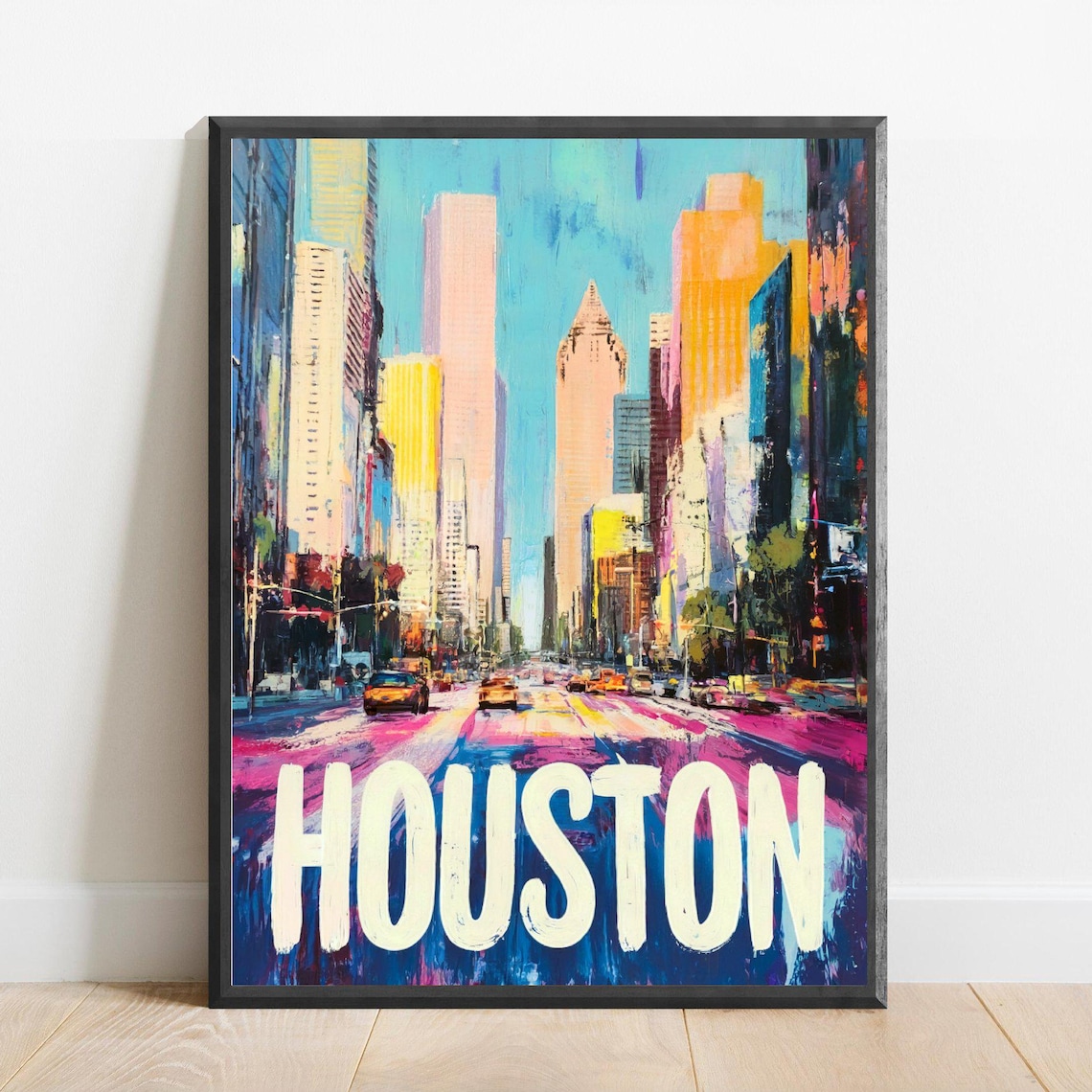 Houston Texas Downtown Skyscrapers Colorful City Street Poster