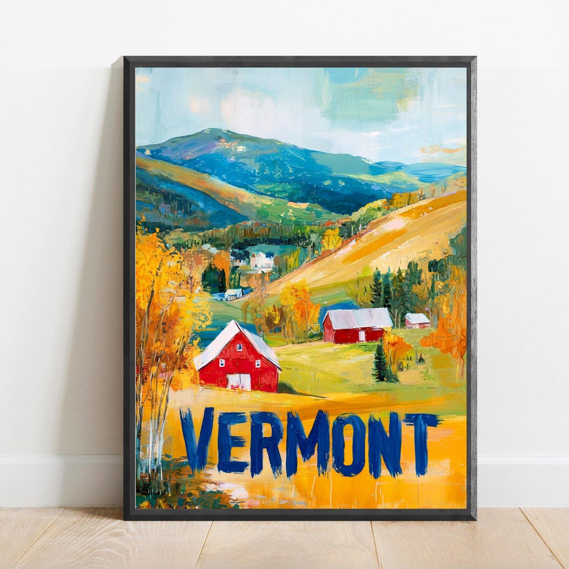 Vermont Autumn Travel Red Barns Fall Foliage Mountains Poster