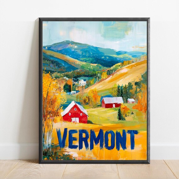 Vermont Autumn Travel Red Barns Fall Foliage Mountains Poster