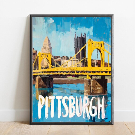 Pittsburgh Yellow Bridge and Riverfront Skyline Abstract Travel Poster