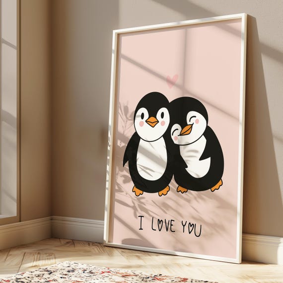 Cute Penguin Love Print Minimalist Wall Art Valentines Day Gift Animal Nursery Decor Couple Instant