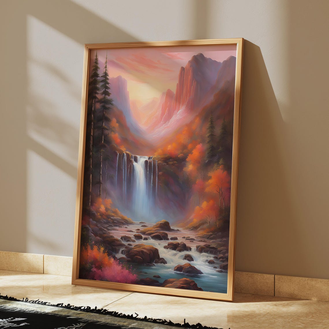 Mountain Waterfall at Sunset Autumn Valley Scenic Painting Art Poster