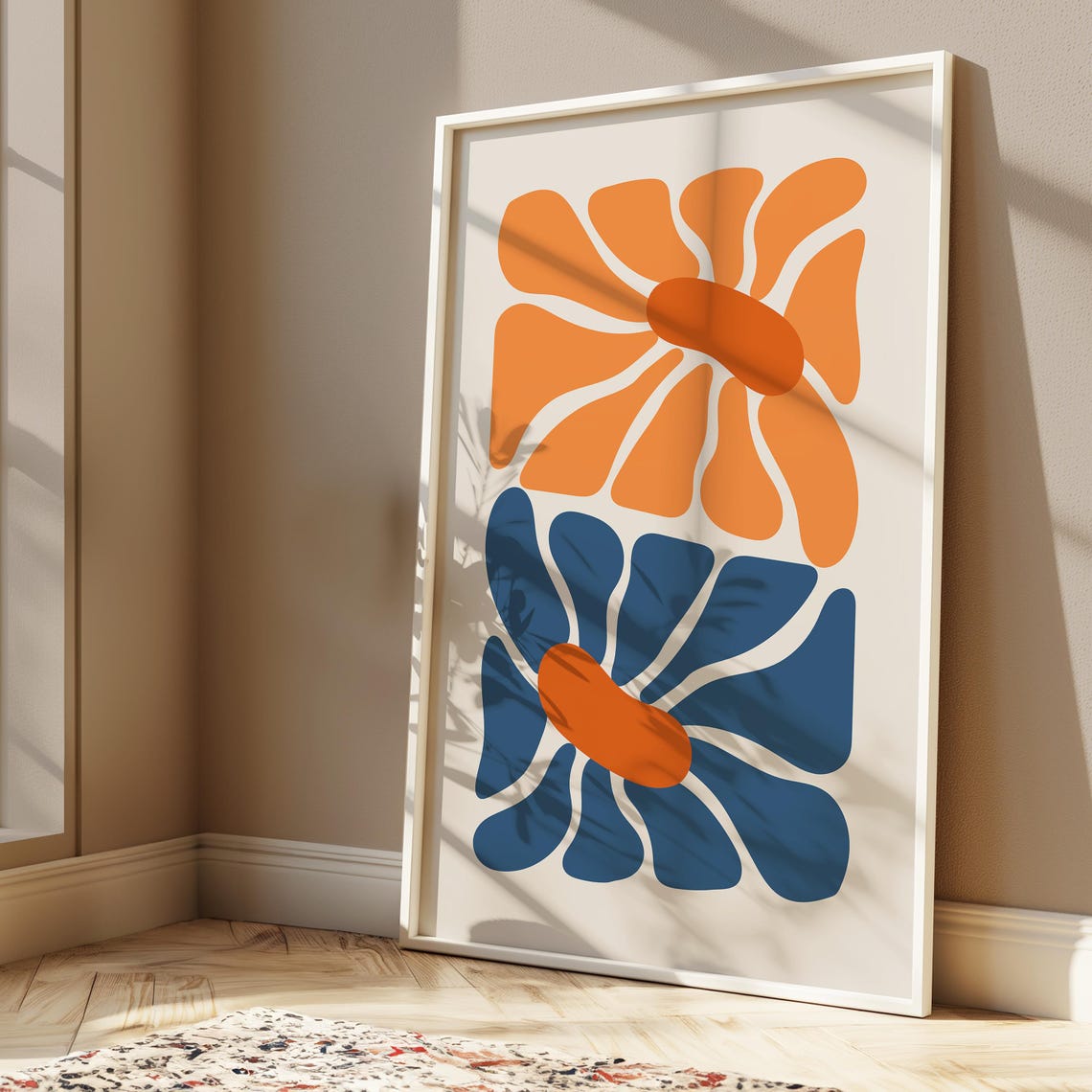 Retro Orange and Blue Abstract Flowers Minimalist Decor Poster