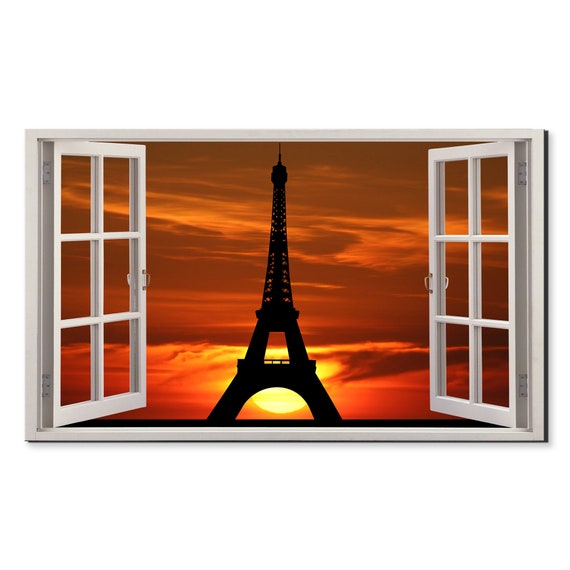 Beautiful Sunset Over Eiffel Tower Window View Window Frame Style Modern Design Home Decor Print Wall Art Picture Ready To Hang