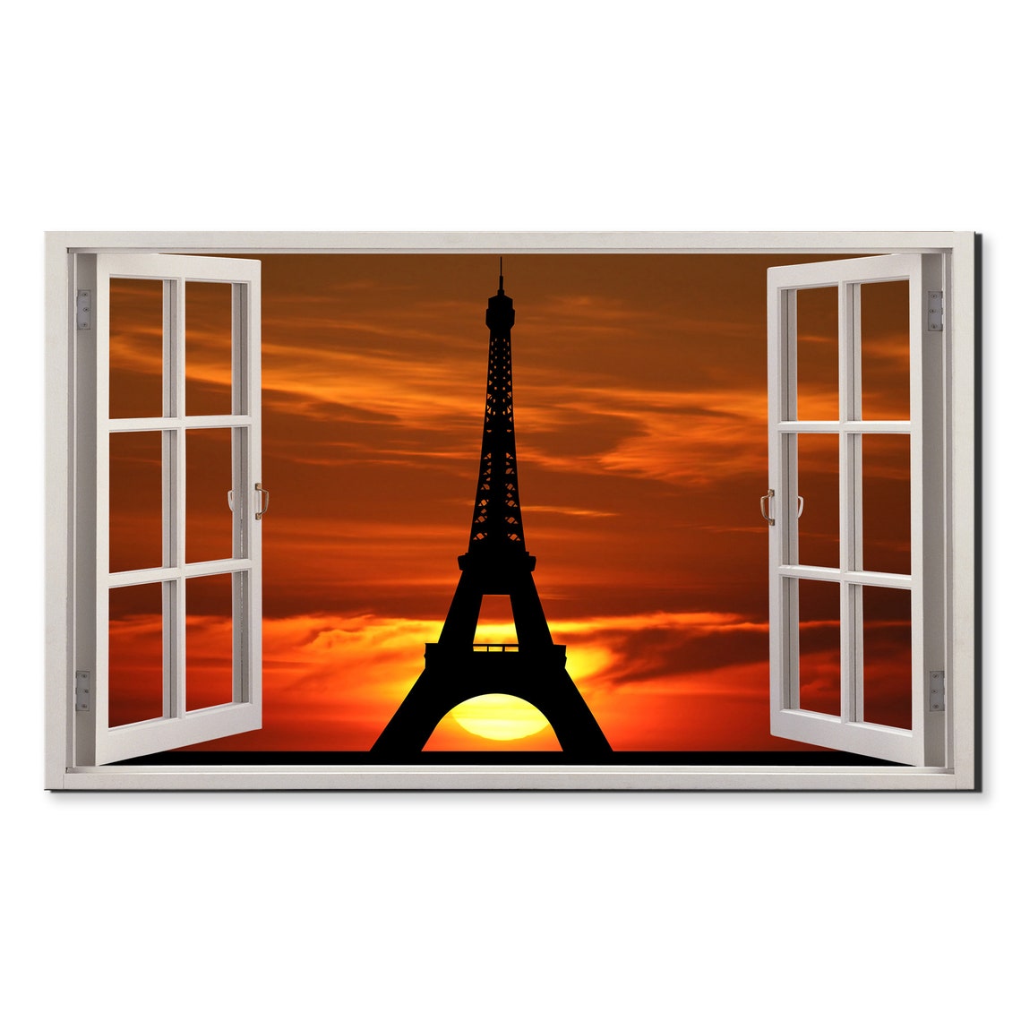 Beautiful Sunset Over Eiffel Tower Window View Window Frame Style Modern Design Home Decor Print Wall Art Picture Ready To Hang