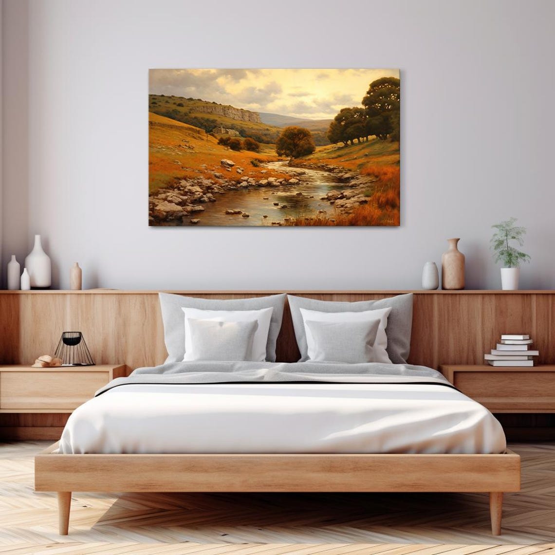 Autumn River Valley Rocky Stream Golden Hills Vintage Landscape Poster - Image 3