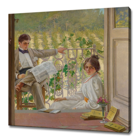Victorian Couple On The Porch Reading Newspaper Romantic Veranda Poster