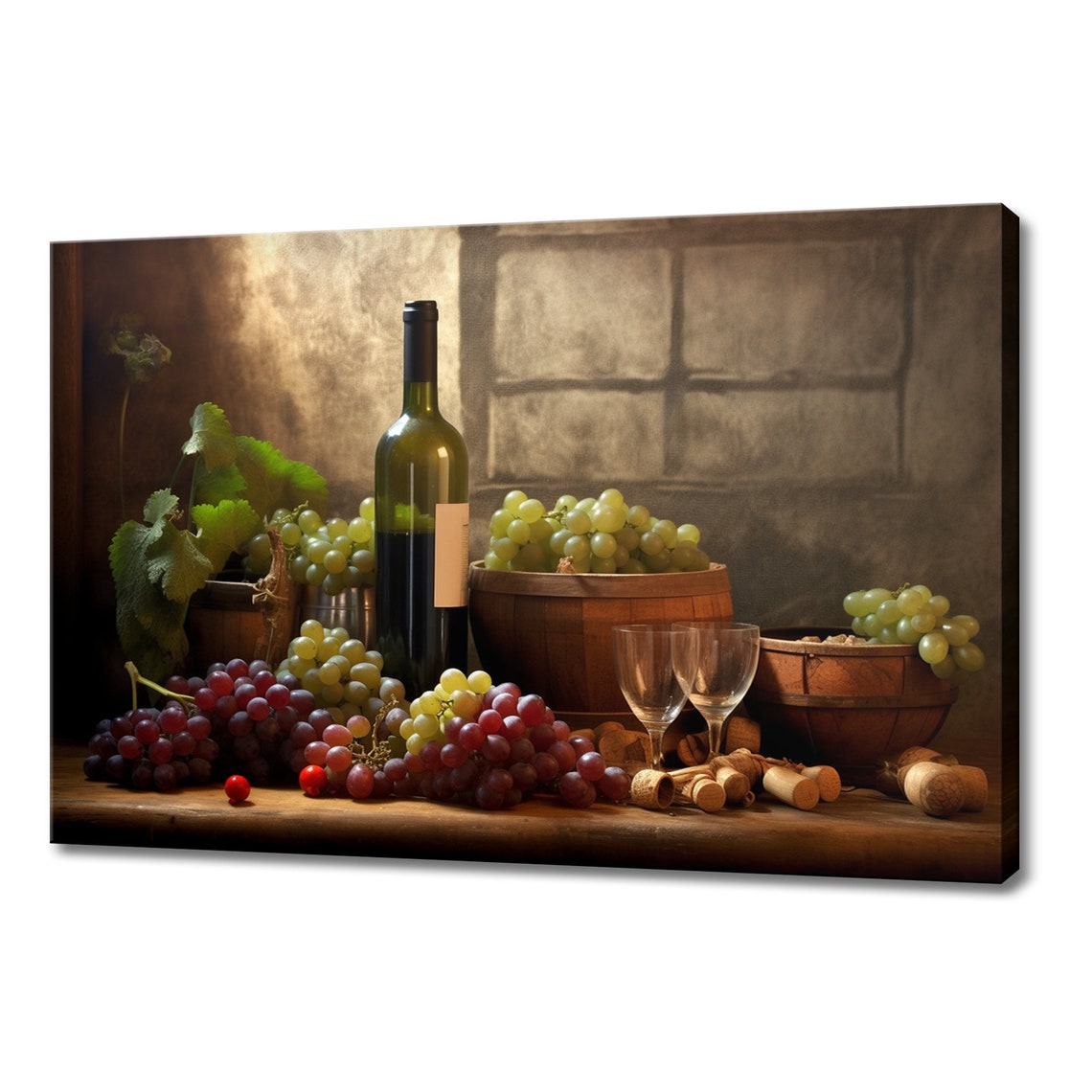 Wine Bottle Grapes Barrels Corks Rustic Vintage Still Life Art Print