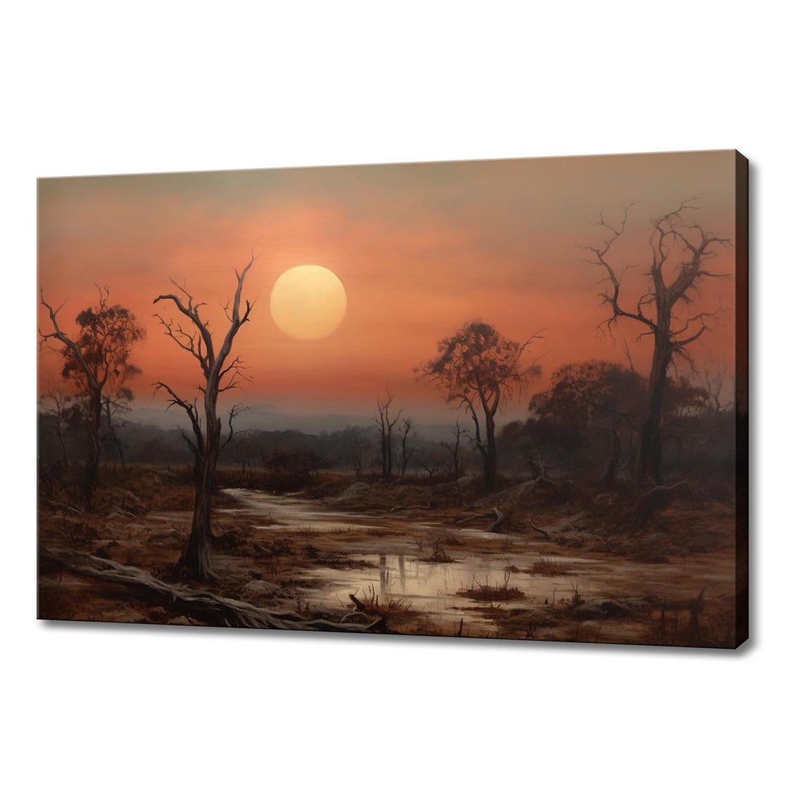 Red Sunset Over Wetlands Barren Trees Reflecting River Vintage Poster