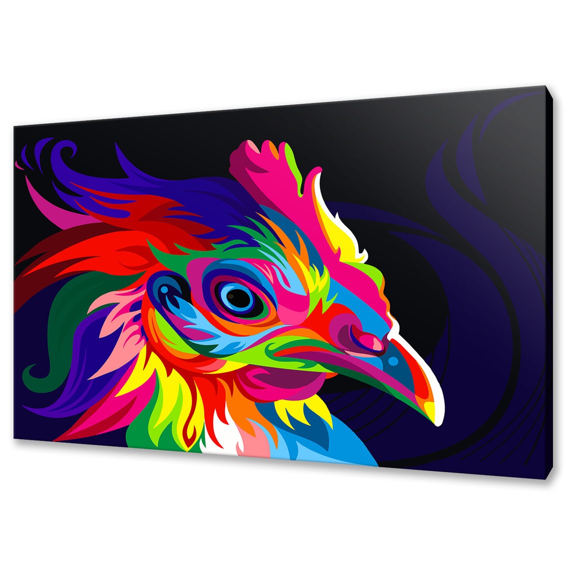Colourful Rooster Portrait Abstract Rainbow Pop Art Black Wall Poster