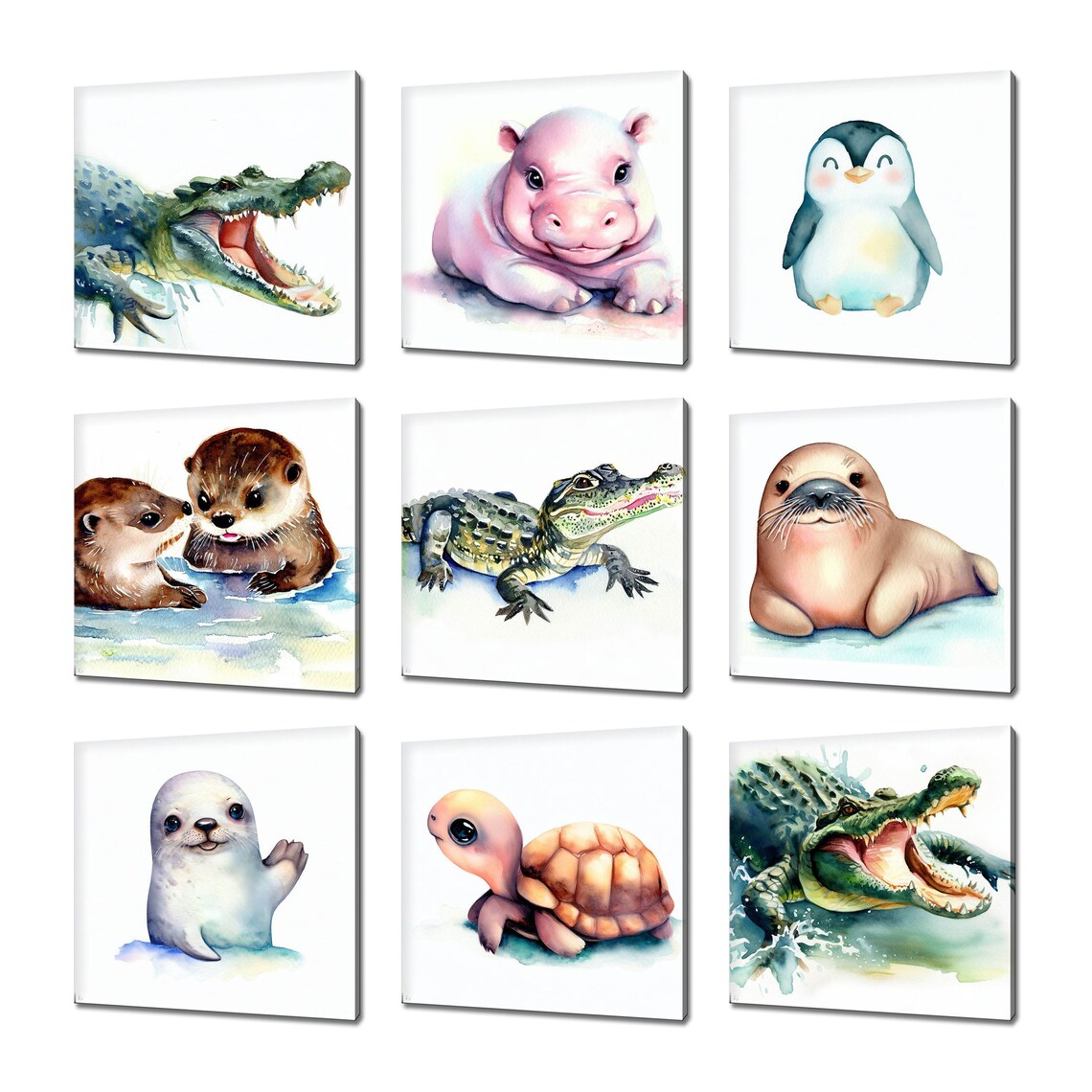 Cute Baby Animals Watercolor Collection Set Nursery Wall Art Kids Poster