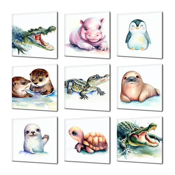 Cute Baby Animals Watercolor Collection Set Nursery Wall Art Kids Poster