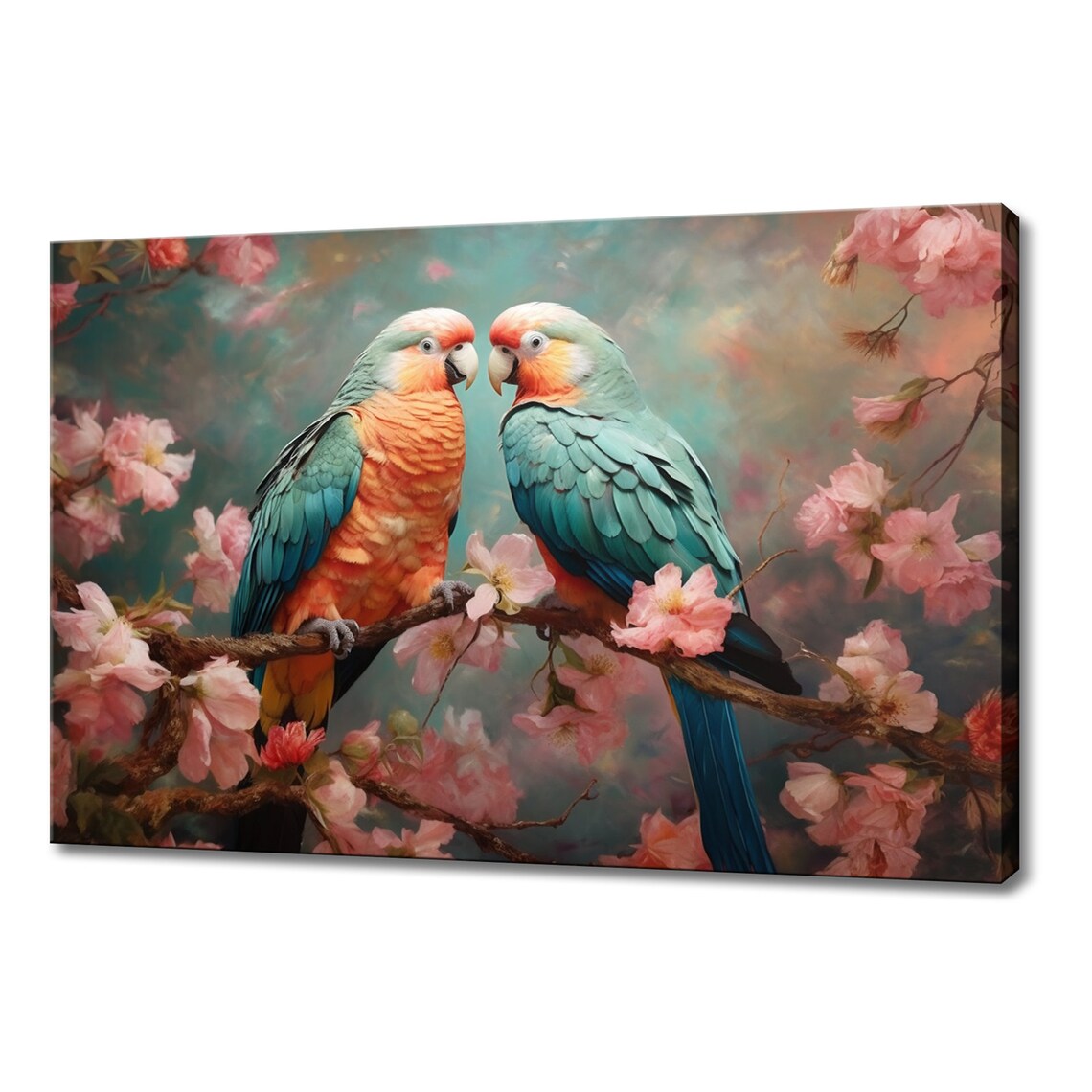Two Turquoise Coral Parrots Blossom Branch Love Birds Painting Poster