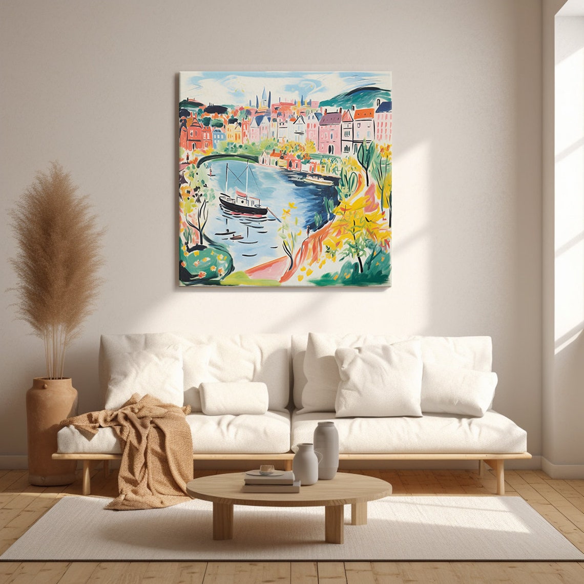 Colourful Riverside Harbour Town Boats Fauvist Style Painting Wall Art - Image 4