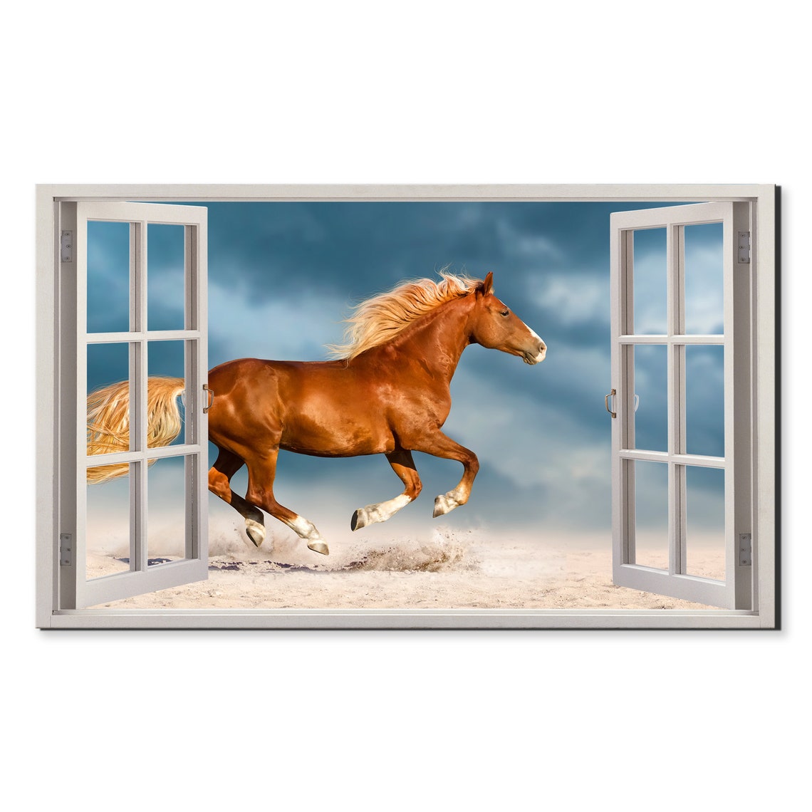 Chestnut Horse Galloping Under Stormy Sky Open Window View Poster