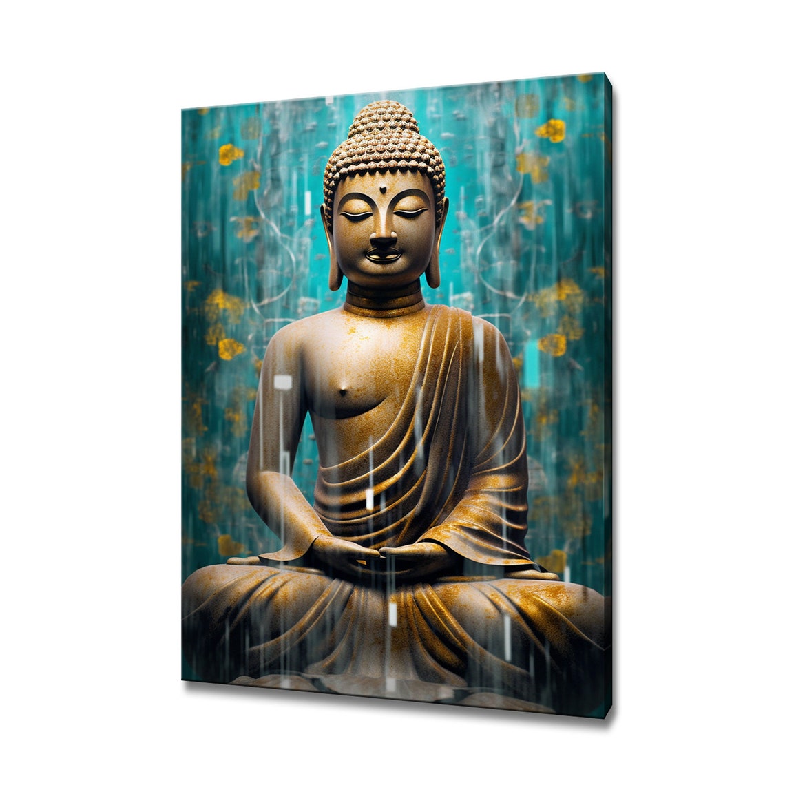 Golden Buddha Statue Meditating Teal Gold Calm Spiritual Art Print
