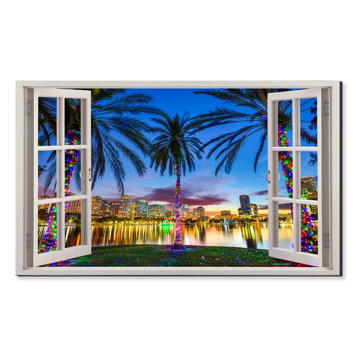 Orlando Florida Lake Eola Skyline Dusk Palm Trees Window View Poster