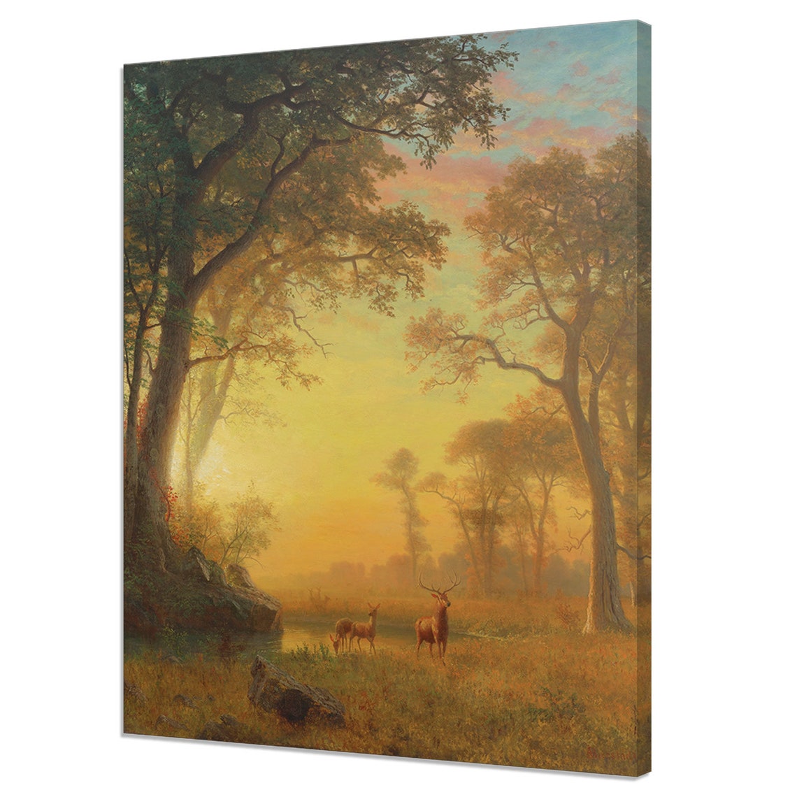 Victorian Deer At Golden Sunset Forest Clearing Antique Oil Poster