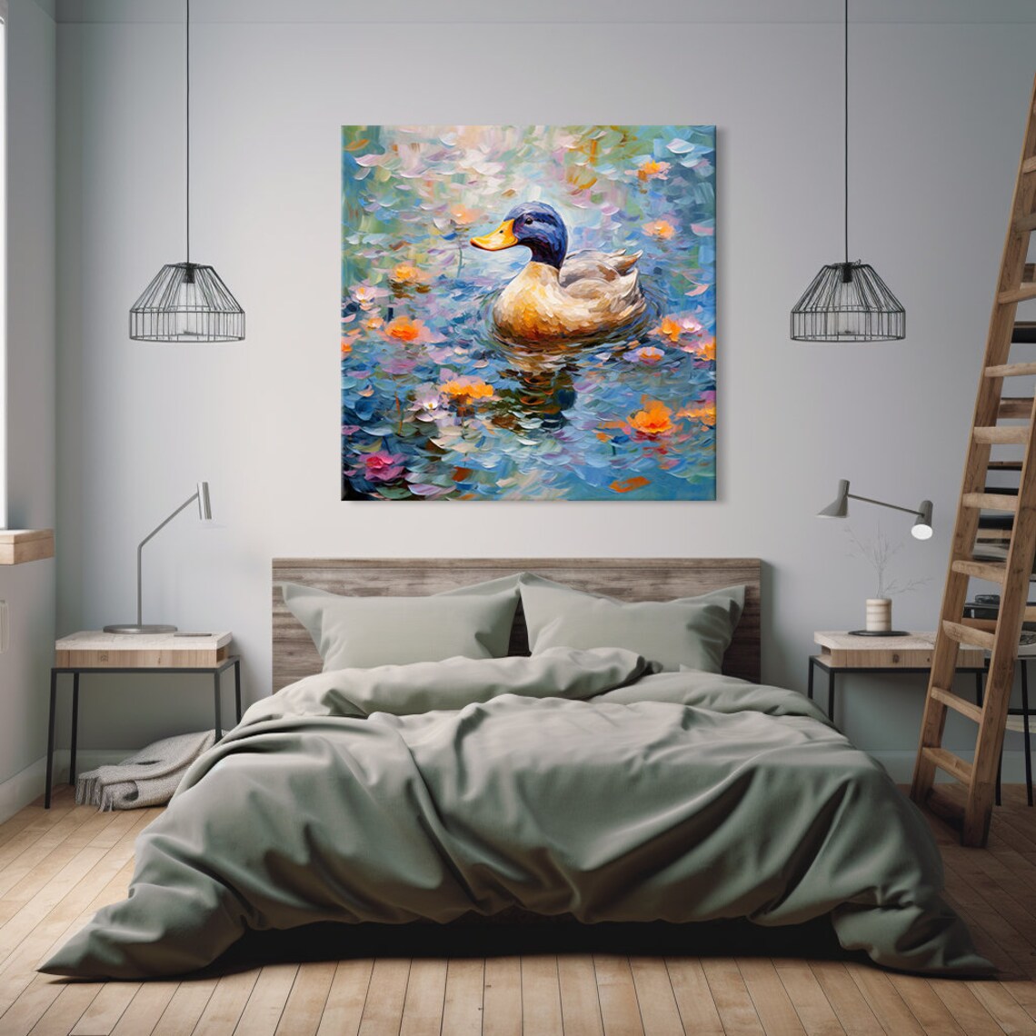 Mallard Duck Swimming In A Flower Petal Pond Painting Poster - Image 2