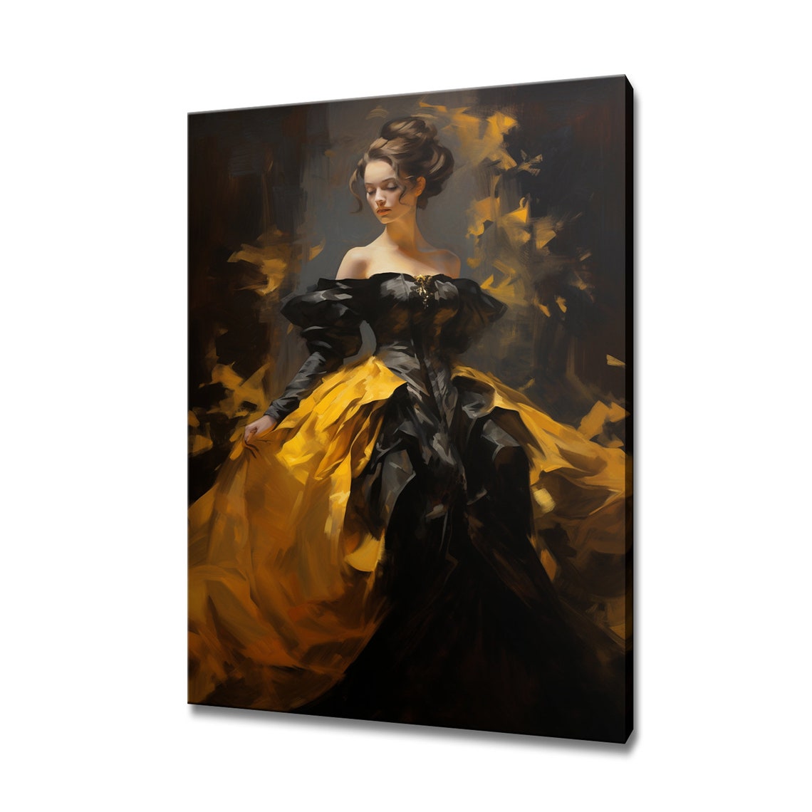 Elegant Lady in Black Gold Victorian Gown Dramatic Fashion Art Poster