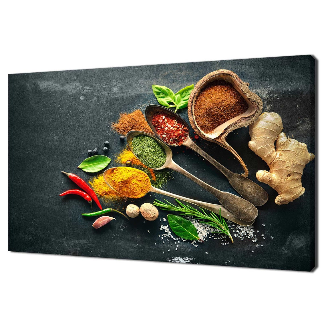 Metal Spoons Colorful Spices Ginger Chili Dark Rustic Kitchen Poster