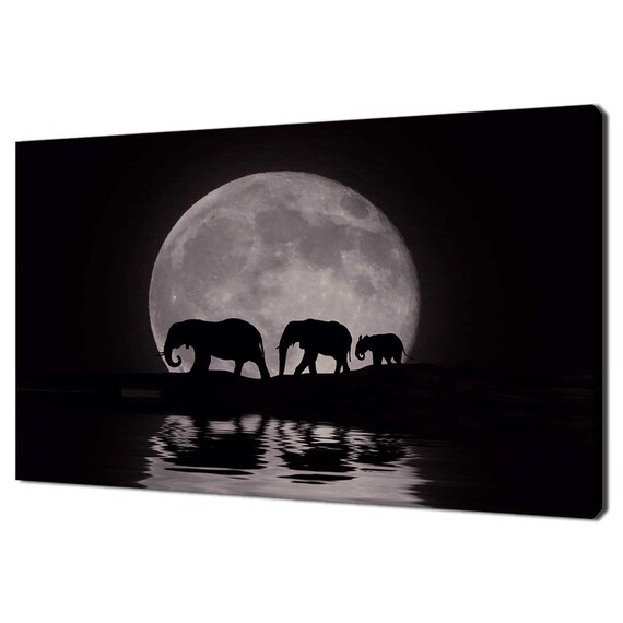Elephants Silhouette Giant Full Moon Night Water Reflection Poster