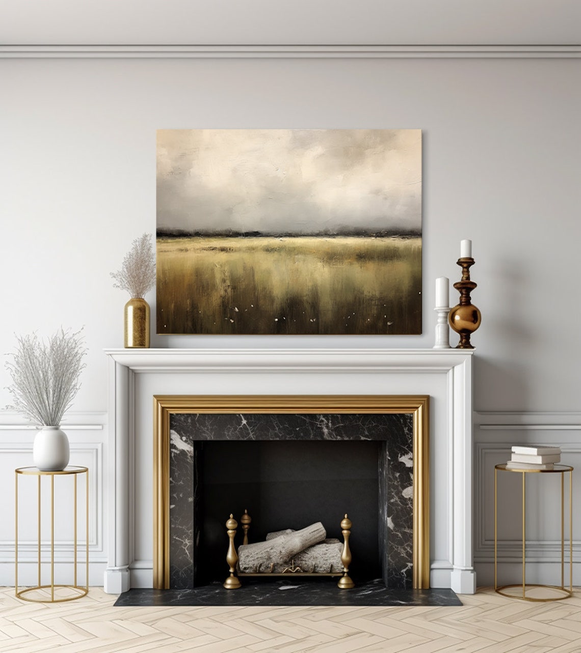 Golden Grassland Under Moody Cloudy Sky Minimalist Landscape Wall Art - Image 3