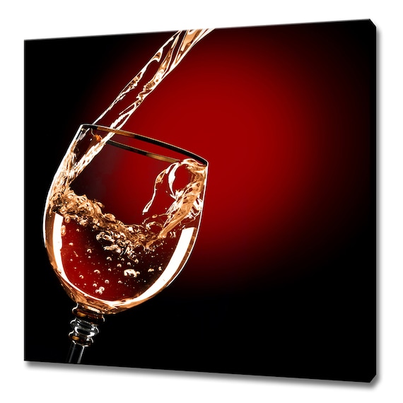 White Wine Splash Pouring Into Elegant Glass Red Background Wall Poster
