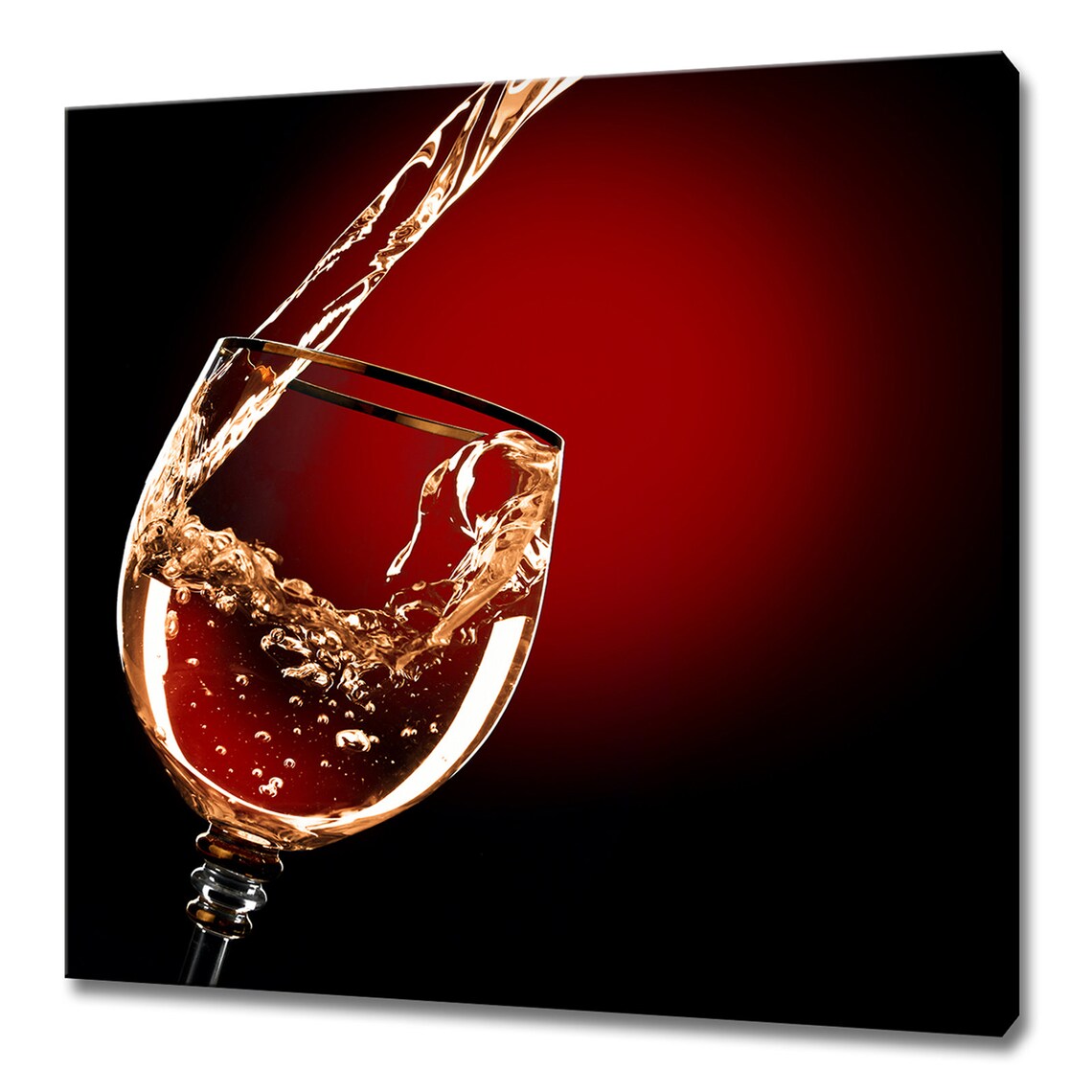 White Wine Splash Pouring Into Elegant Glass Red Background Wall Poster