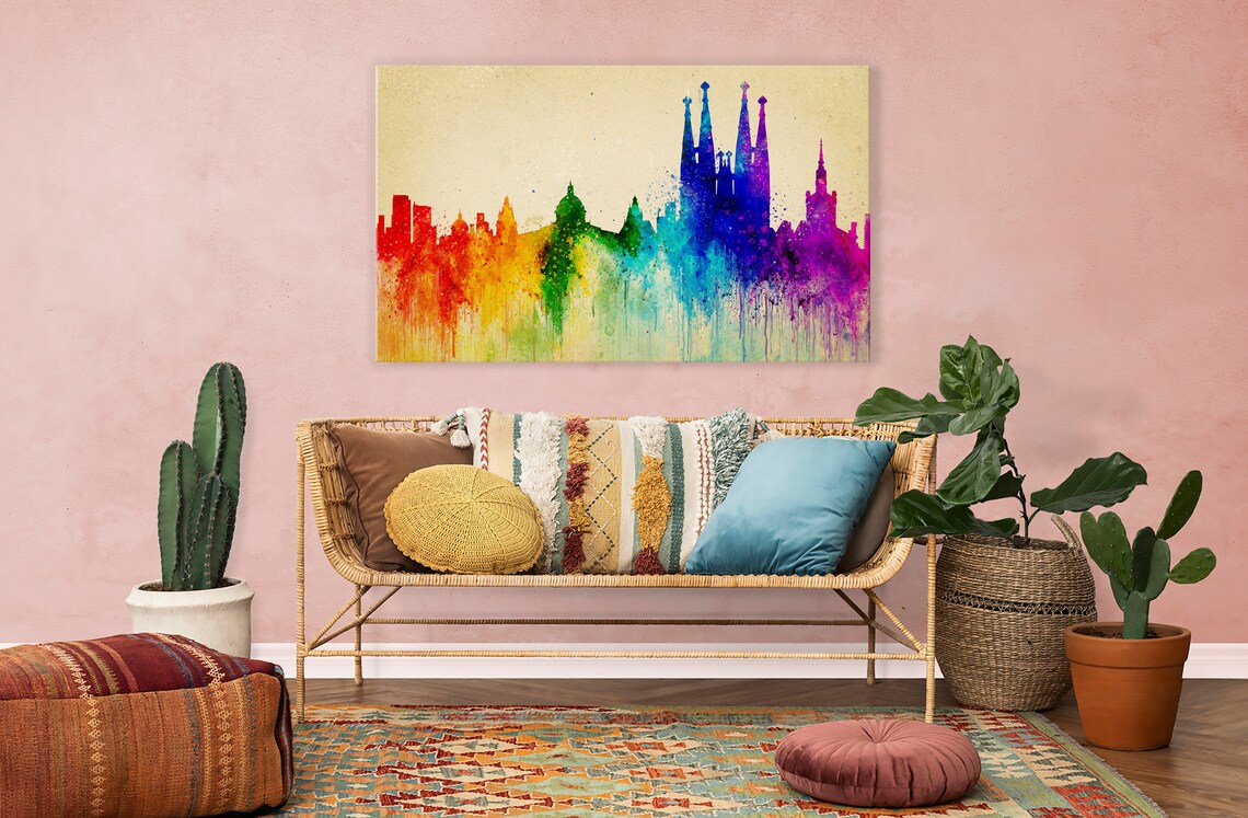 Barcelona Spain Rainbow Watercolour Skyline Sagrada Familia Poster - Image 2
