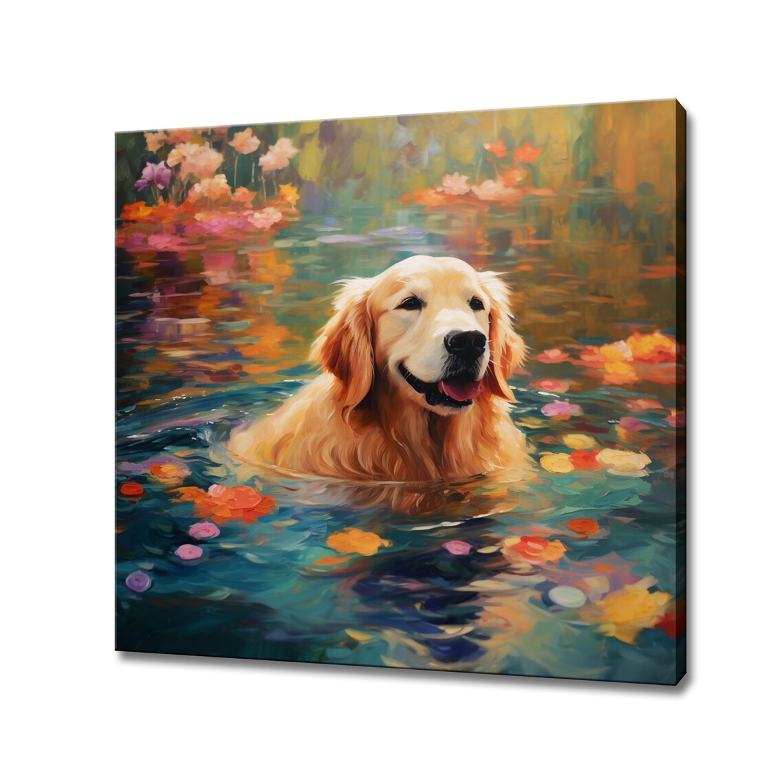 Golden Retriever Swimming Among Colorful Flowers Painting Print