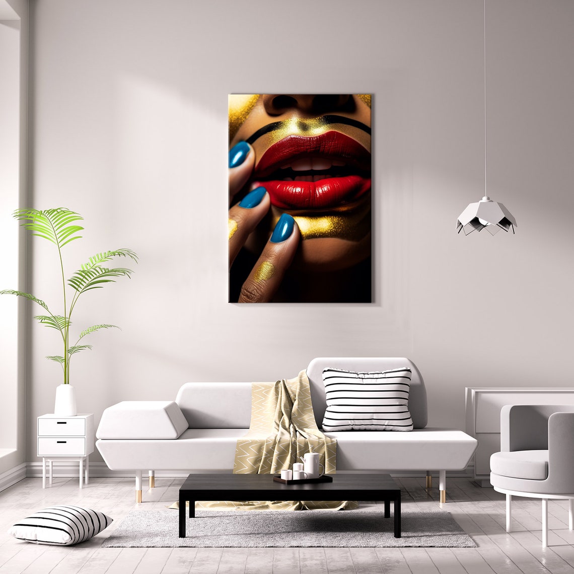 Red Glossy Lips with Gold Glitter Makeup and Blue Nails Beauty Poster - Image 3