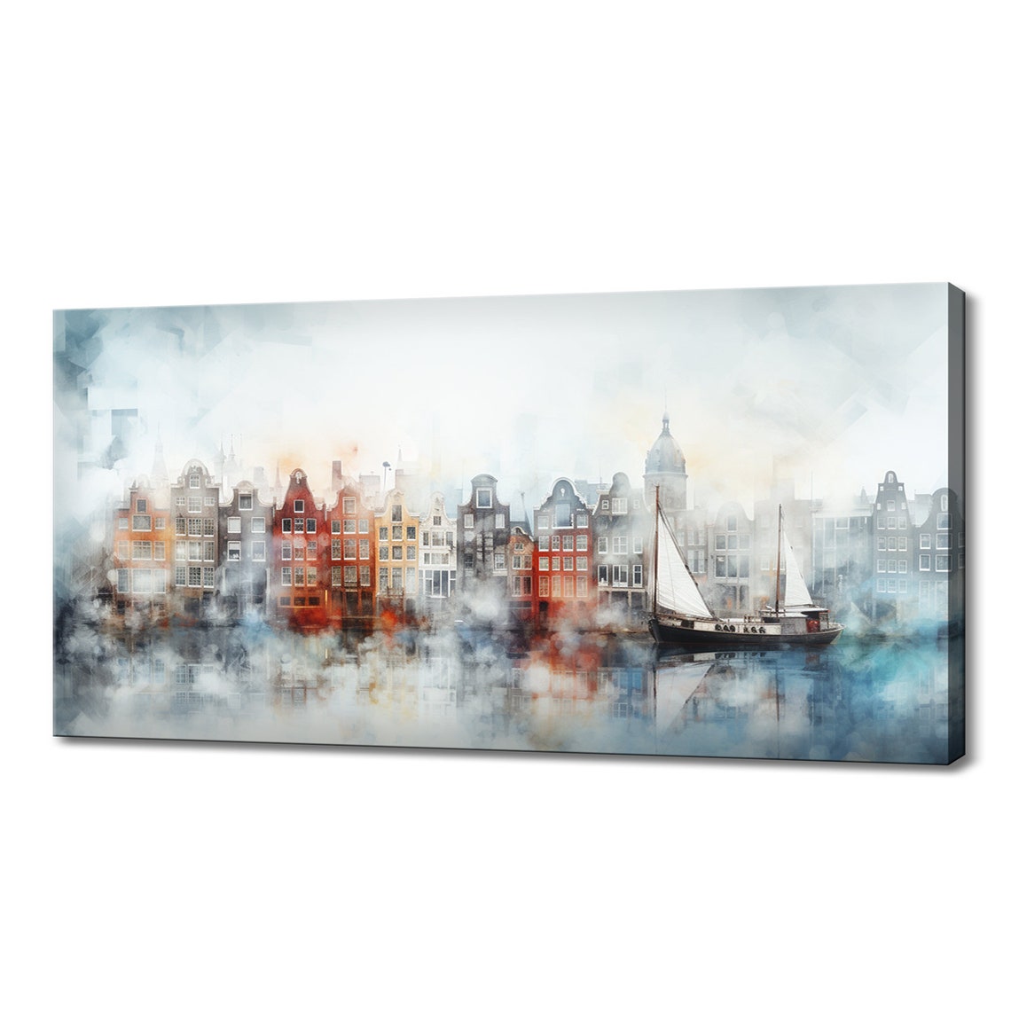 Amsterdam Canal Houses Watercolor Misty Harbor Sailboat Skyline Poster