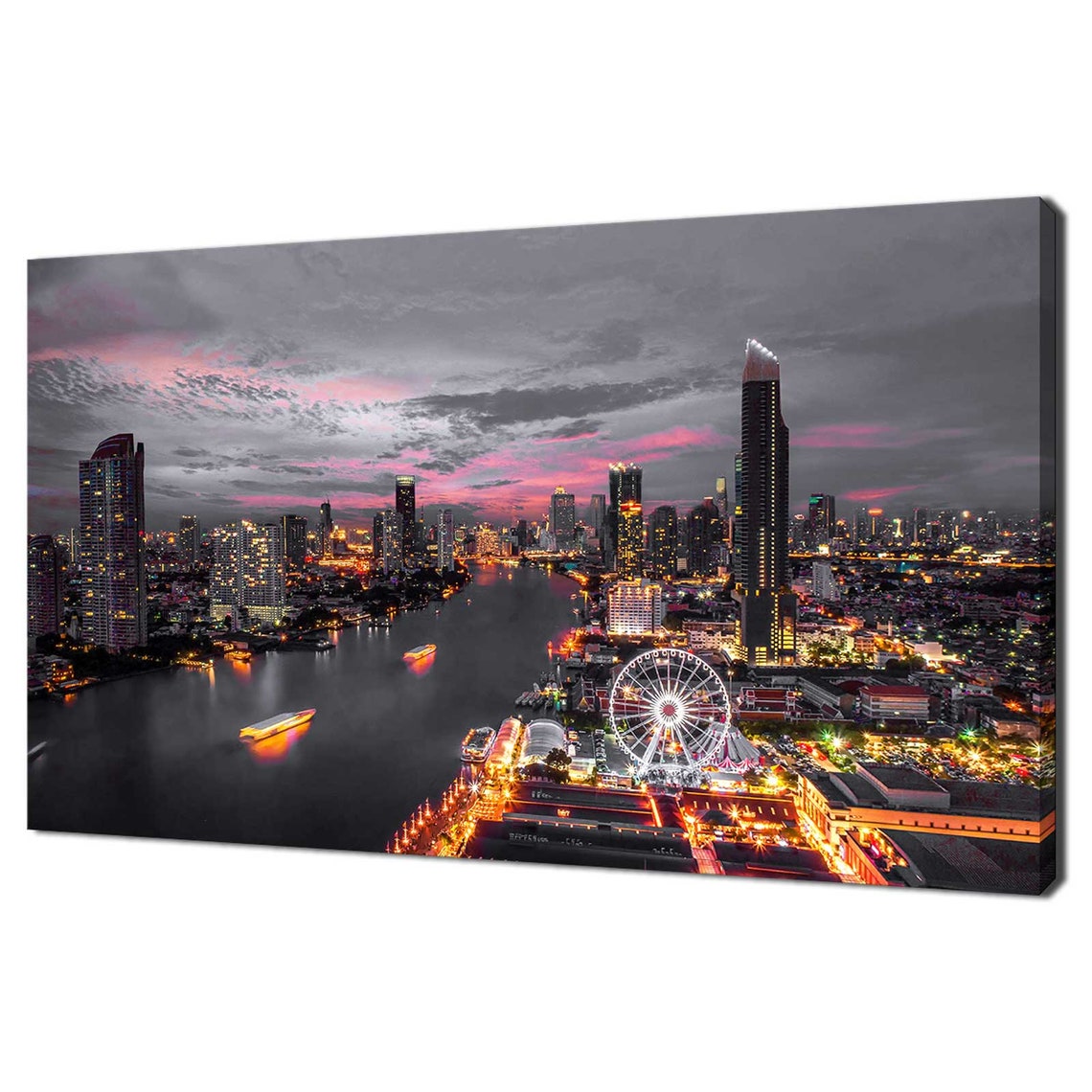 Bangkok Thailand Chao Phraya River Ferris Wheel Night Skyline Poster