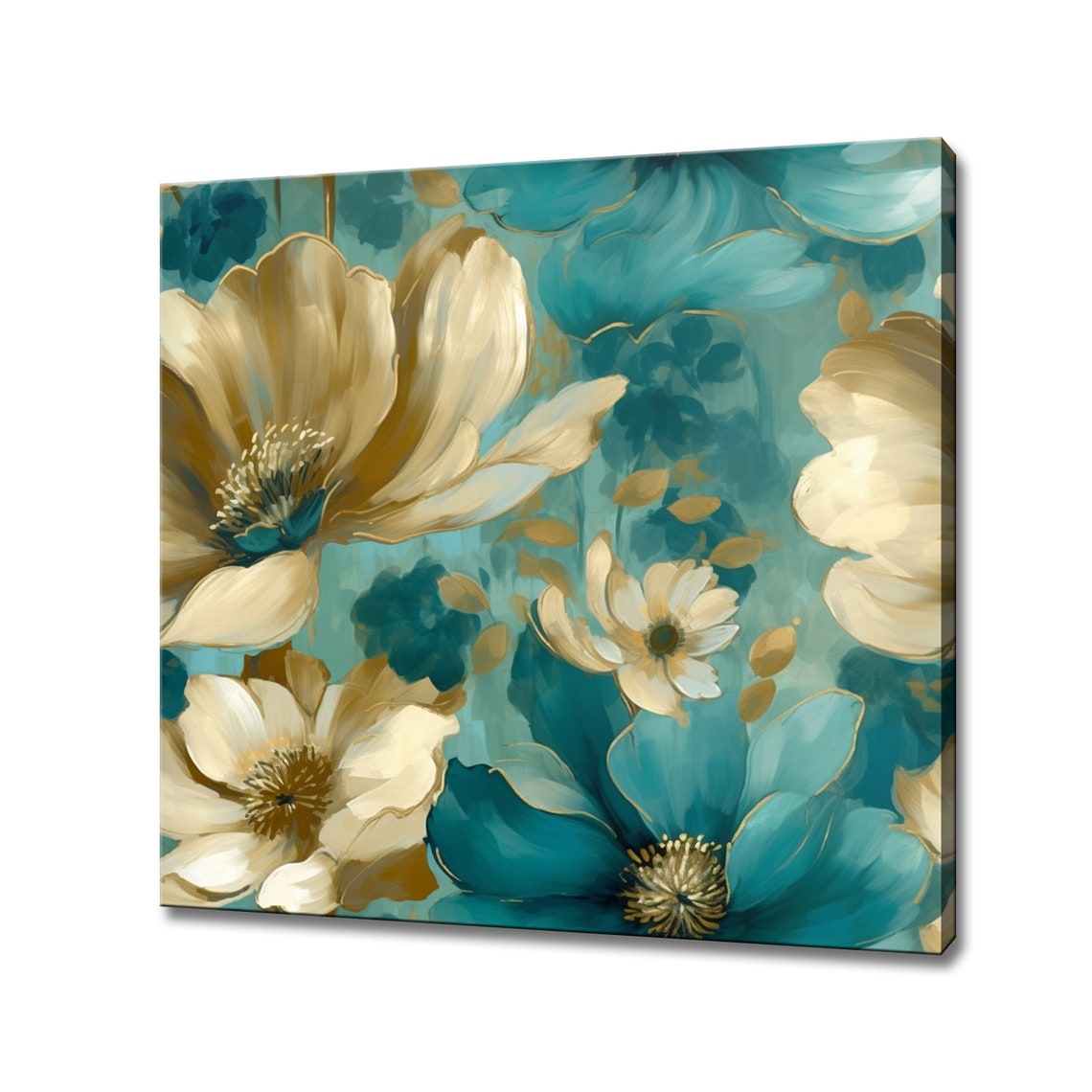 Pastel Teal Beige Blooms Elegant Oil Painting Floral Wall Art Poster