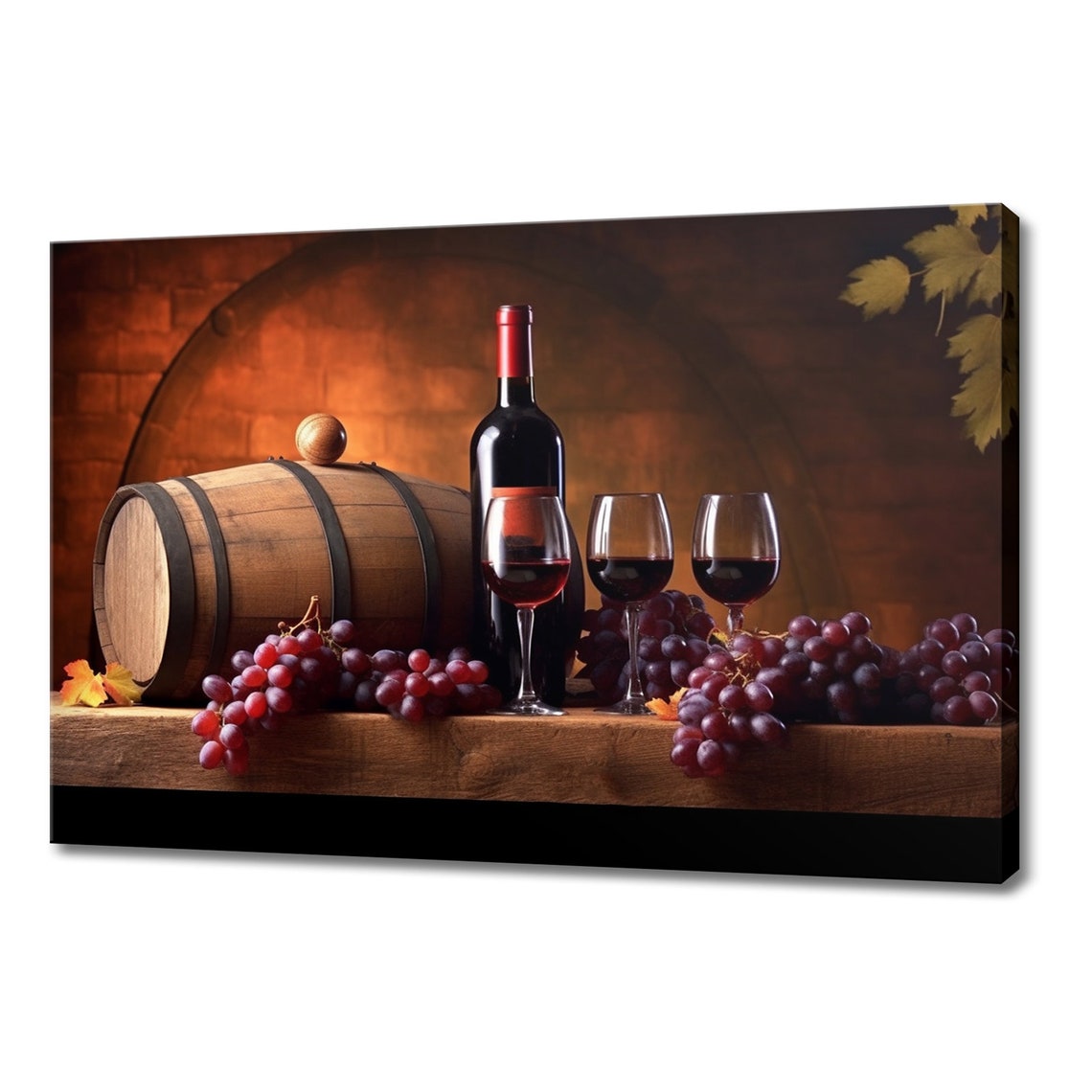 Red Wine Bottle Three Glasses Barrel And Grapes Warm Cellar Wall Art
