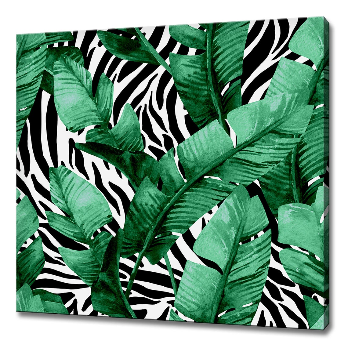 Green Banana Leaves On Zebra Stripe Background Botanical Print