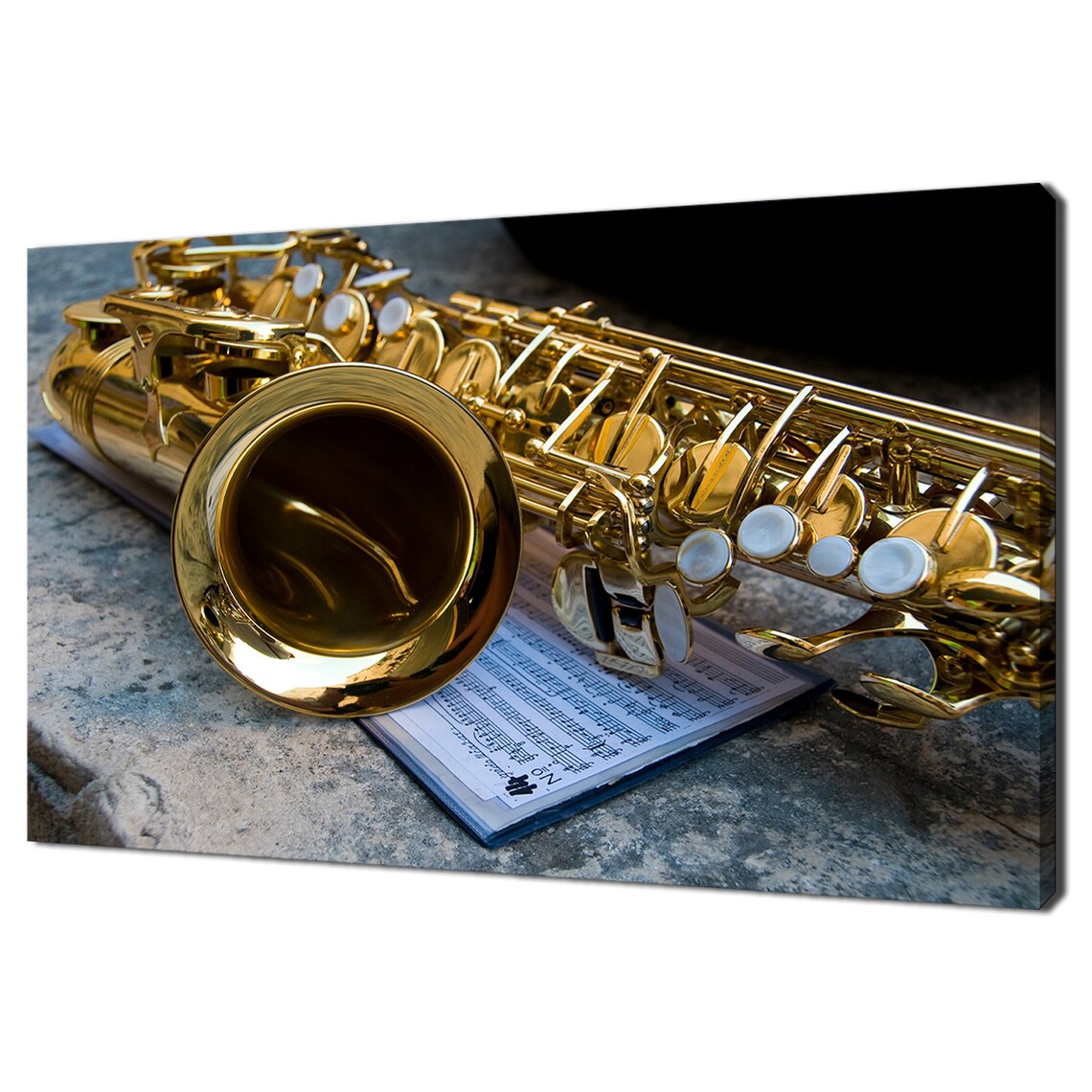 Golden Saxophone Resting on Sheet Music Jazz Instrument Photo Art Poster