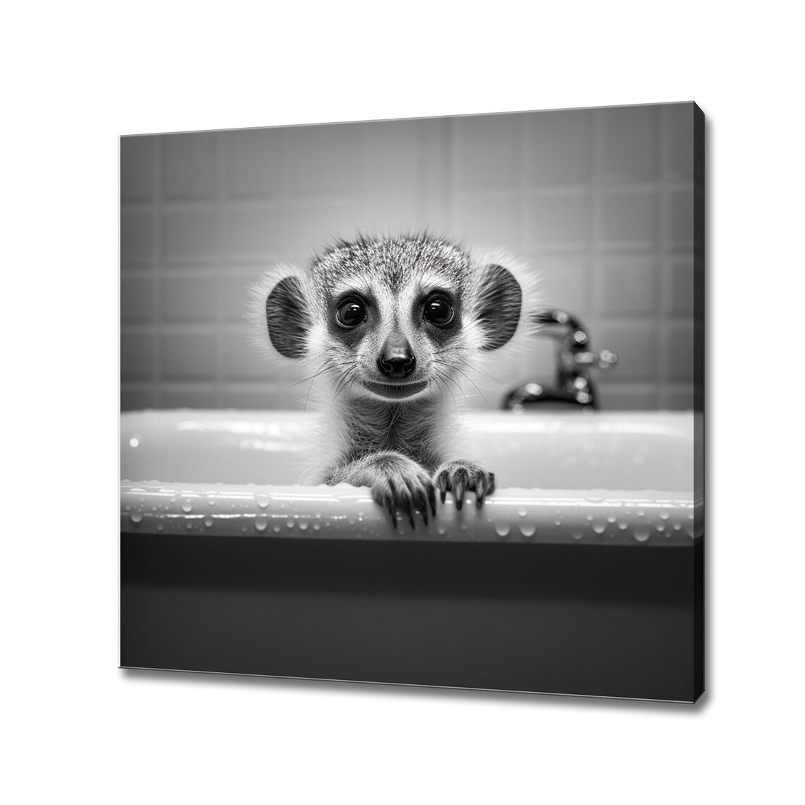 Funny Baby Meerkat In The Bathtub Black White Nursery Animal Art Print
