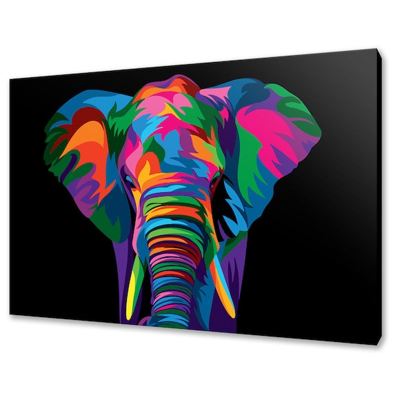 Rainbow Elephant Head Pop Art Front Portrait Multicolour Black Background Poster